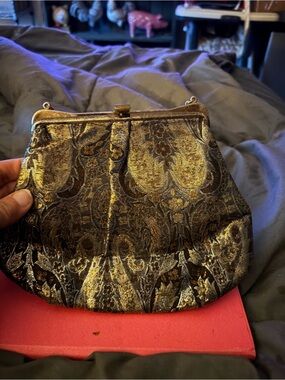 Vintage Metallic Brocade Evening Clutch - Gold and Black